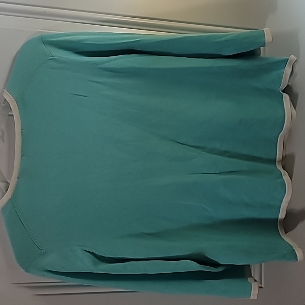 Karen Scott Tiffany Blue Cardigan with White Trim - Picture 8 of 8